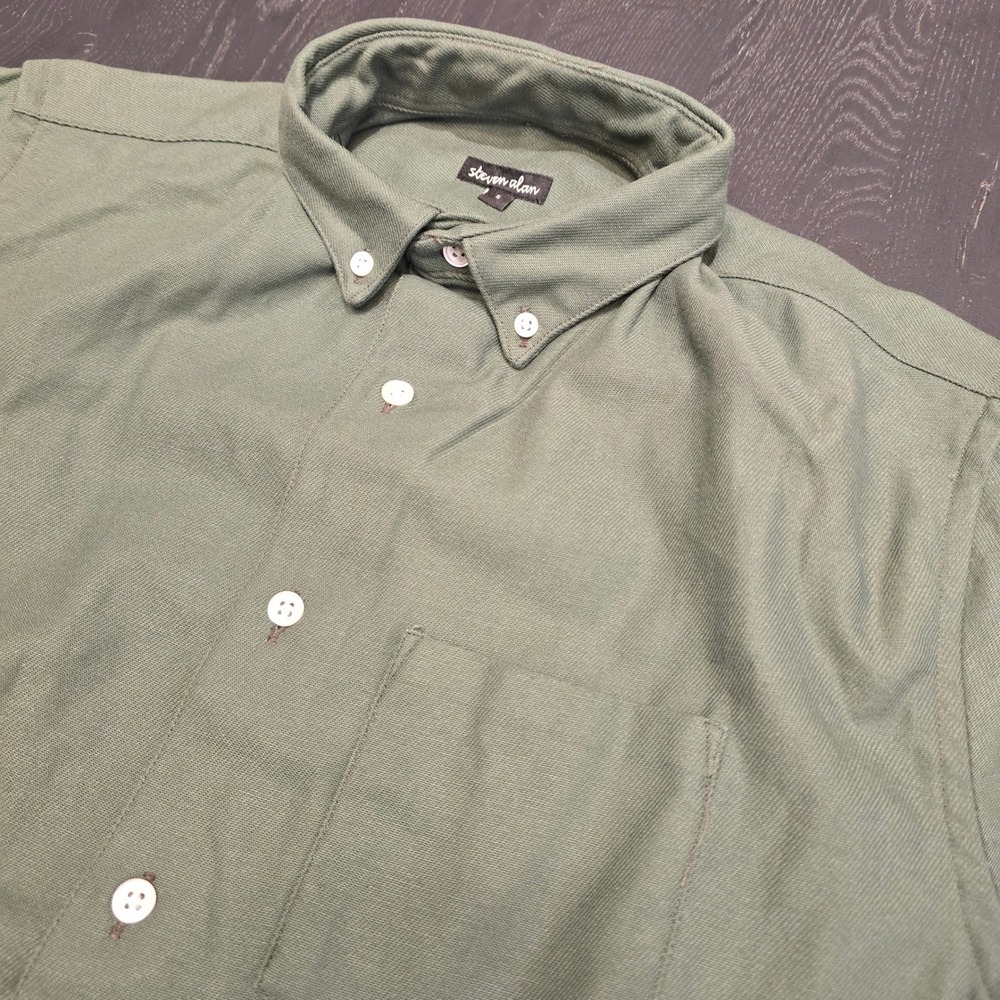 Steven Alan Mens Small Olive Green Cotton Twill Button Down Shirt Made‎ in USA